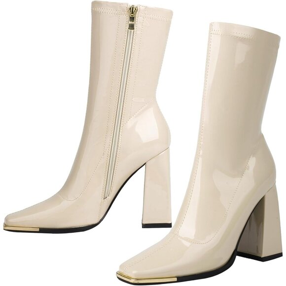 Shoes - Women's Tan Mid Calf Comfy Square Closed Toe Heel Zipper Short Ankle Boots